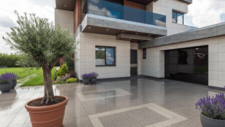 modernes wohnhaus mit natursteinplatten im Außenbereich